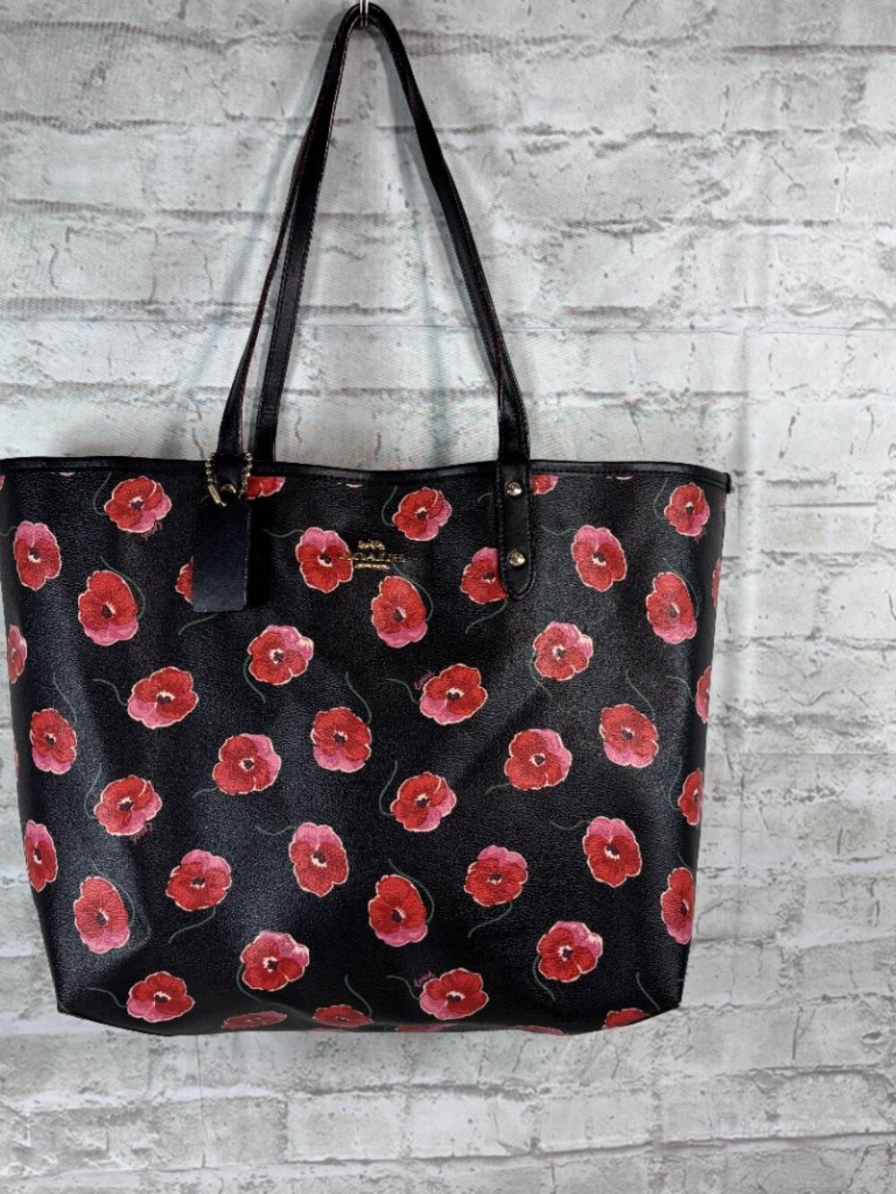 Coach Reversible City Tote featuring a vibrant red and pink poppy floral print - Picture 10 of 16